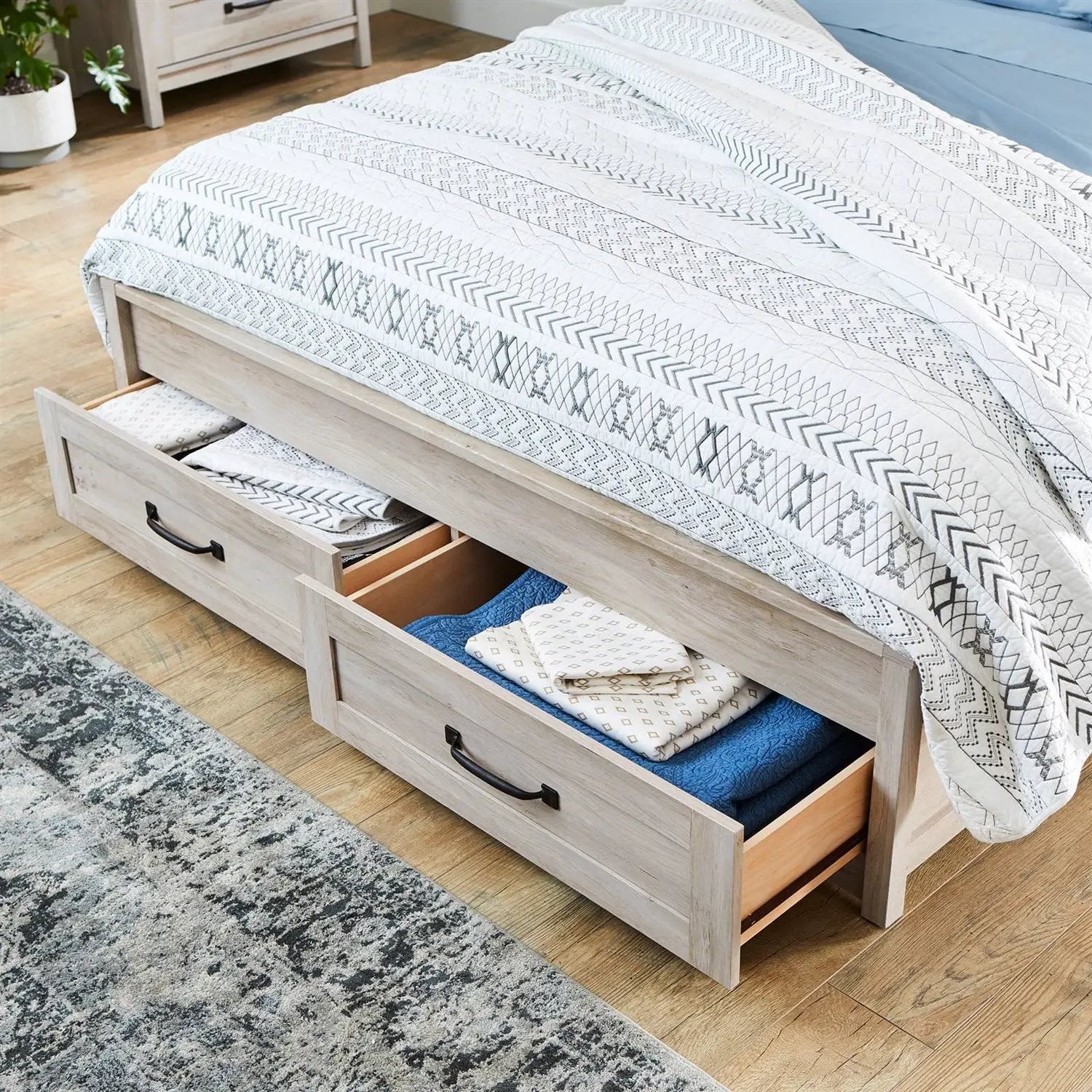 HomePacific Queen Farmhome platform bed with under-bed storage drawers in off-white wood finish.