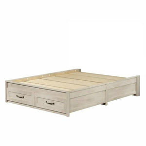 Queen Farmhome Platform Bed with Storage Drawers in Off-White Wood Finish, low-profile frame with two front drawers.