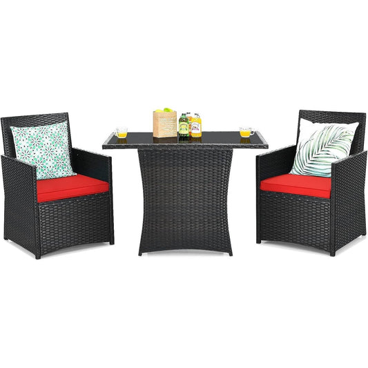 3-Piece Patio Furniture Outdoor Dining Set in Brown PE Rattan with Red Cushions