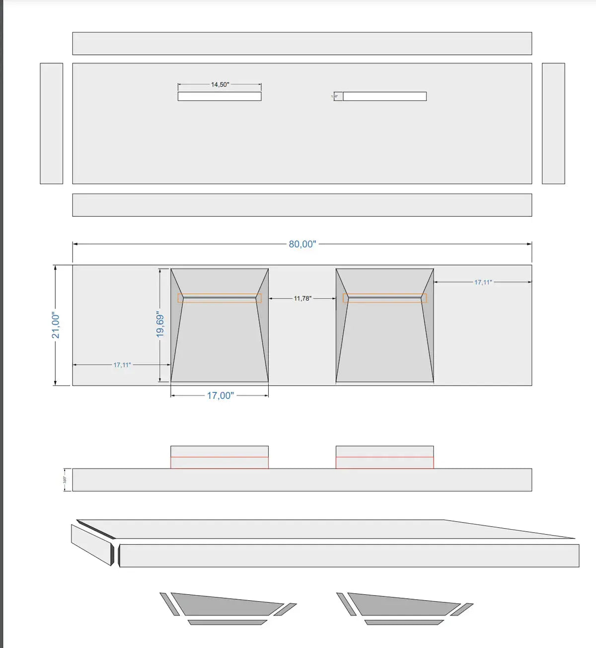 Villohome Imperial white marble double sink vanity, wall-mount bathroom sink, 80 in long, 21 in wide, 8 in high