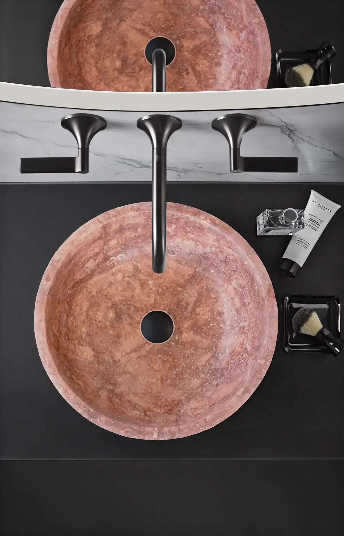 Villohome red travertine round above-counter bathroom sinks, pair with honed matte finish
