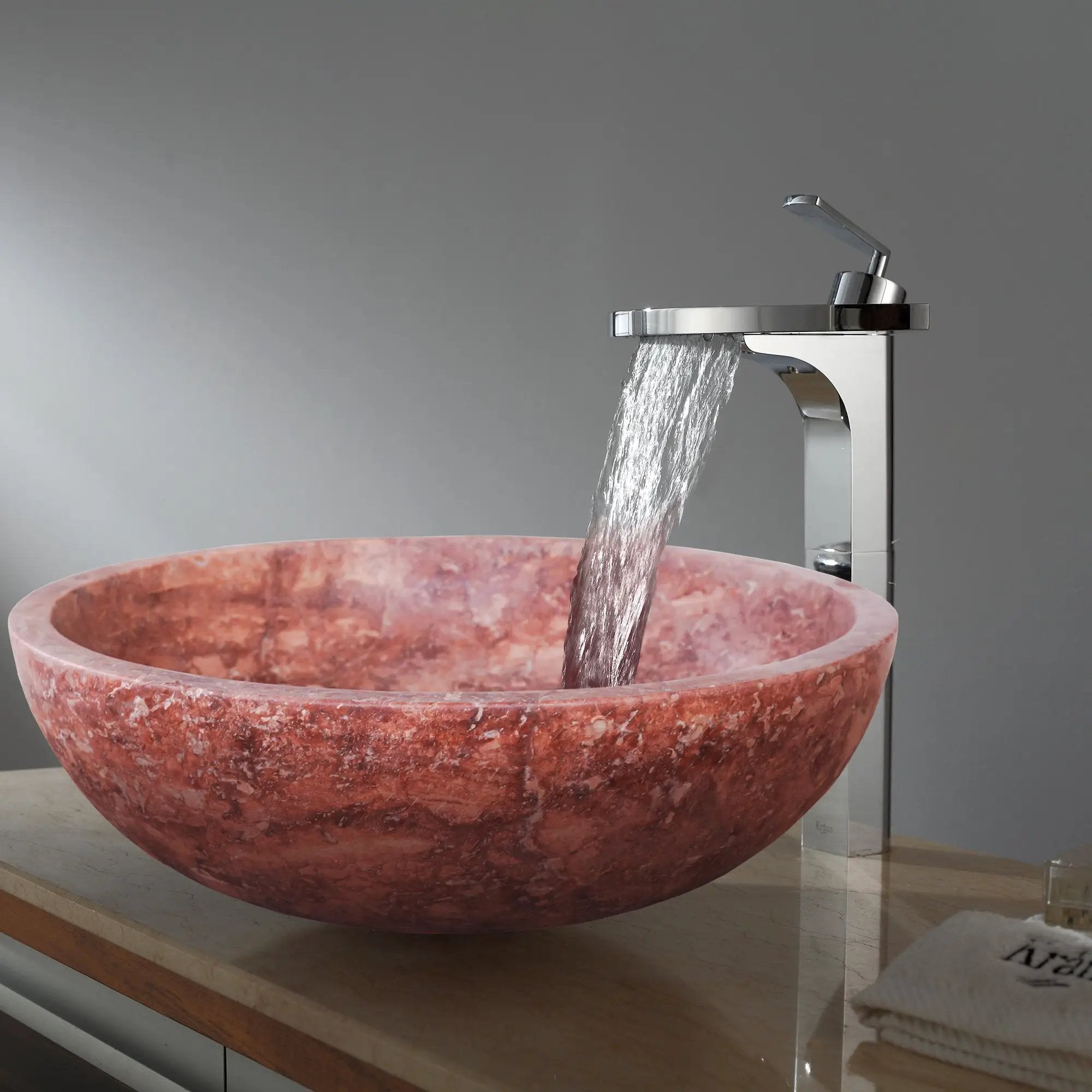 Villohome red travertine round 16-inch above-counter bathroom vanity sink, honed finish