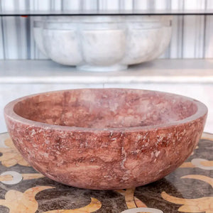 Red travertine round vanity sink, natural stone, honed finish, 16in dia, Villohome (set of 2)