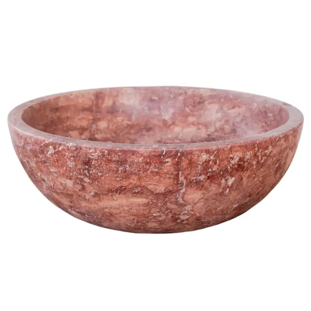 Red travertine round vanity sink, honed matte stone bowl for bathroom, 16-inch diameter.