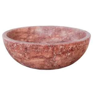 Red travertine round vanity sink, honed matte stone bowl for bathroom, 16-inch diameter.