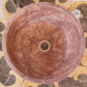 Villohome red travertine round bathroom sink, honed matte finish, 16-inch diameter, 6-inch depth