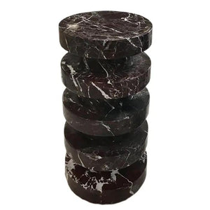 Rosso Levanto marble plinth designer side table, polished dark marble with white veining, 12in diameter x 24in high.