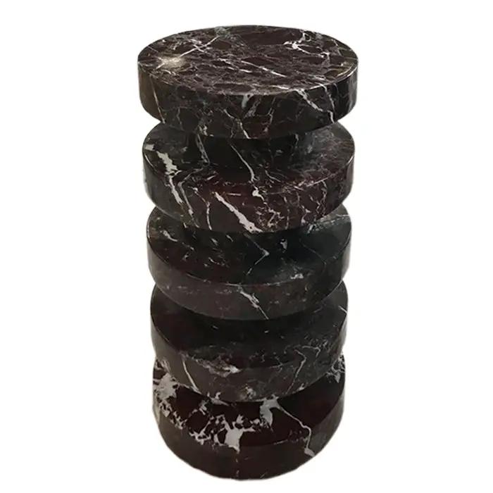 Rosso Levanto marble plinth designer side table, polished dark marble with white veining, 12in diameter x 24in high.
