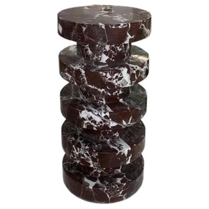 Villohome Rosso Levanto marble plinth end table, polished dark red marble with white veining, 12 in dia x 24 in high
