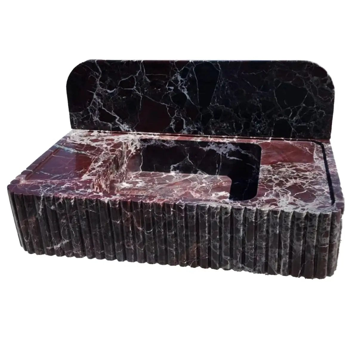 Rosso Levanto marble wall-mount bathroom sink by Villohome with fluted front and 8in backsplash