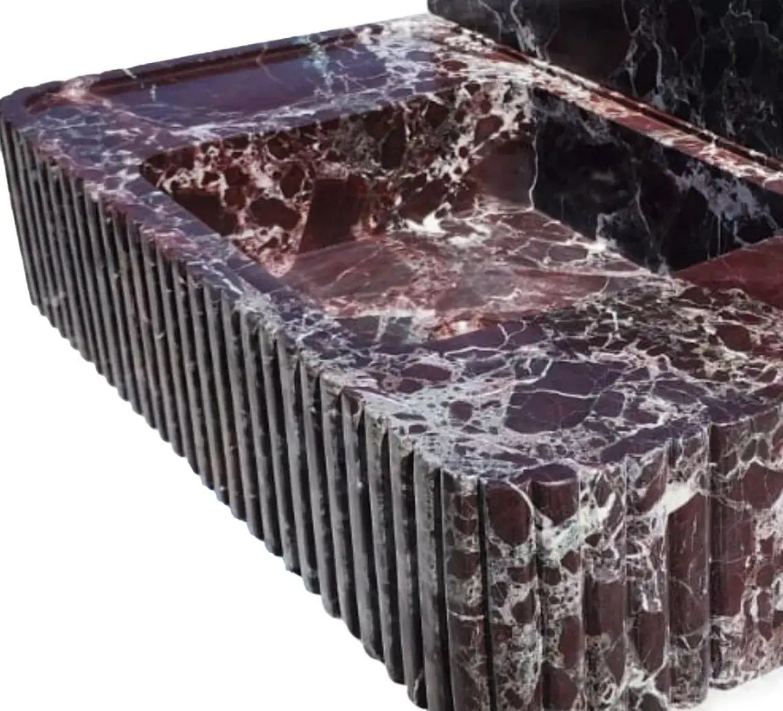 Rosso Levanto marble wall-mount bathroom sink with fluted front and 8-inch backsplash by Villohome