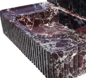 Rosso Levanto marble wall-mount bathroom sink with fluted front and 8-inch backsplash by Villohome