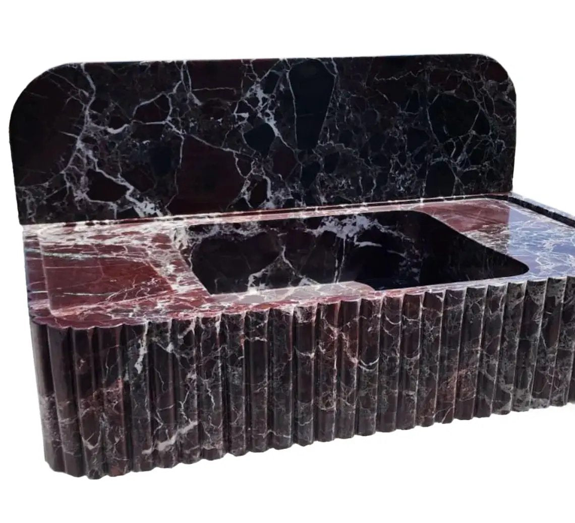 Rosso Levanto marble wall-mount bathroom sink with fluted front and 8-inch backsplash by Villohome