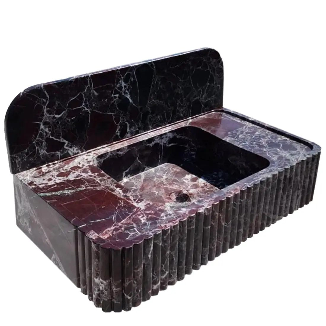 Rosso Levanto marble wall-mount bathroom sink with fluted front and 8-inch backsplash