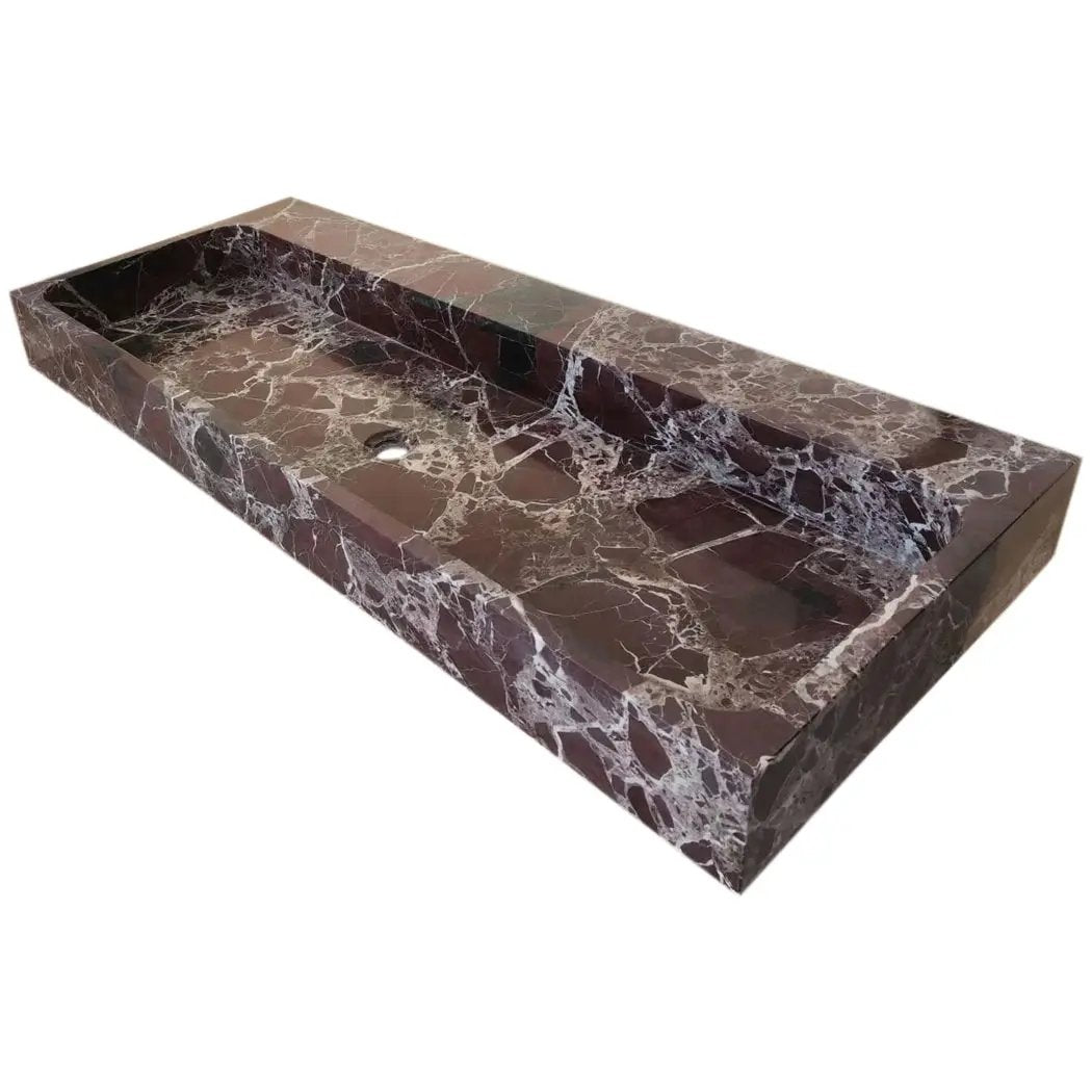Rosso Levanto Marble Rectangular Wall-mount Sink by Villohome; red-brown marble with white veining.