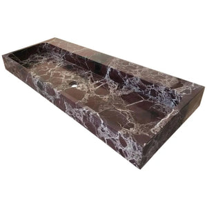 Rosso Levanto Marble Rectangular Wall-mount Sink by Villohome; red-brown marble with white veining.