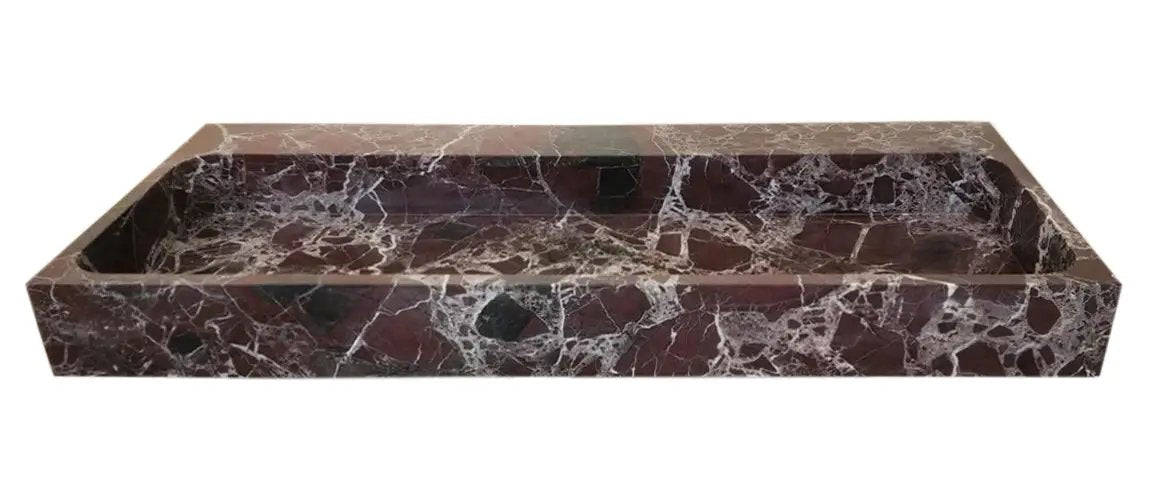 Villohome Rosso Levanto marble rectangular wall-mount sink, red burgundy with white veining, 48 in long.