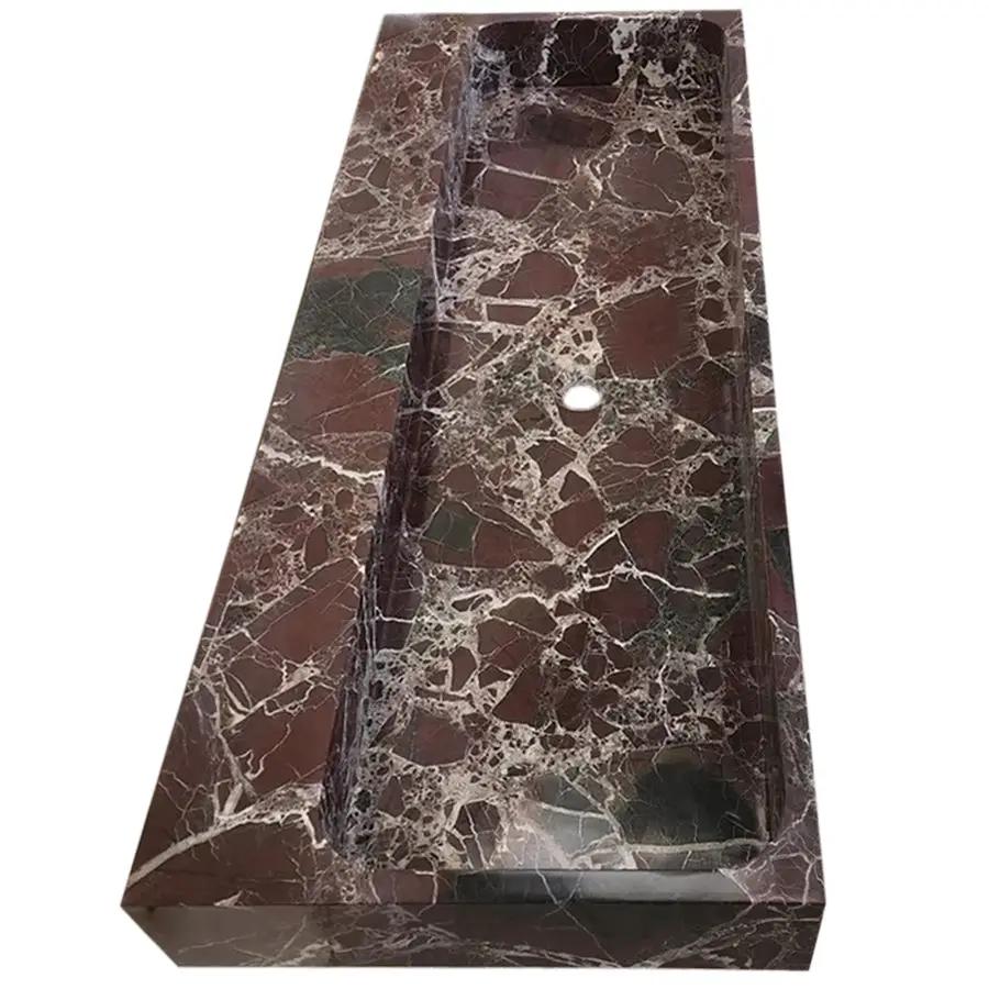 Villohome Rosso Levanto Marble rectangular wall-mount bathroom sink, brown and white veined stone