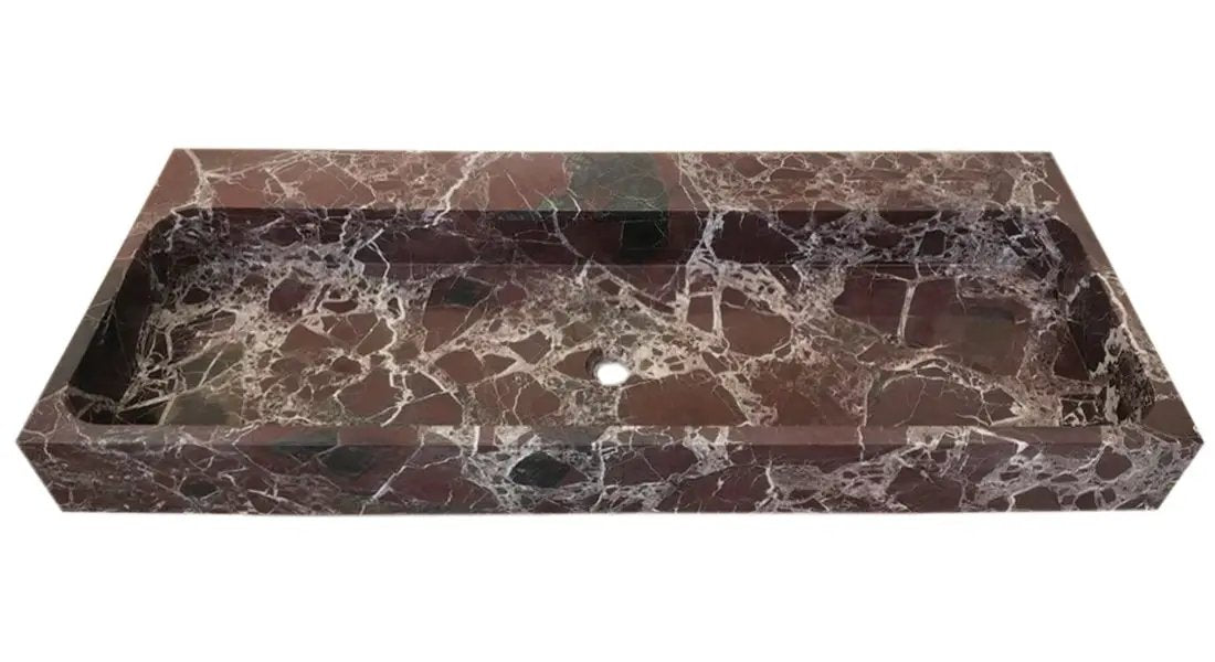 Rosso Levanto marble rectangular wall-mount sink, brown-red with white veining.