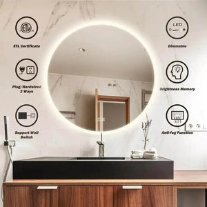 HAUSVITA round backlit LED bathroom vanity mirror with dimmable lights, wall-mounted beside a black sink.