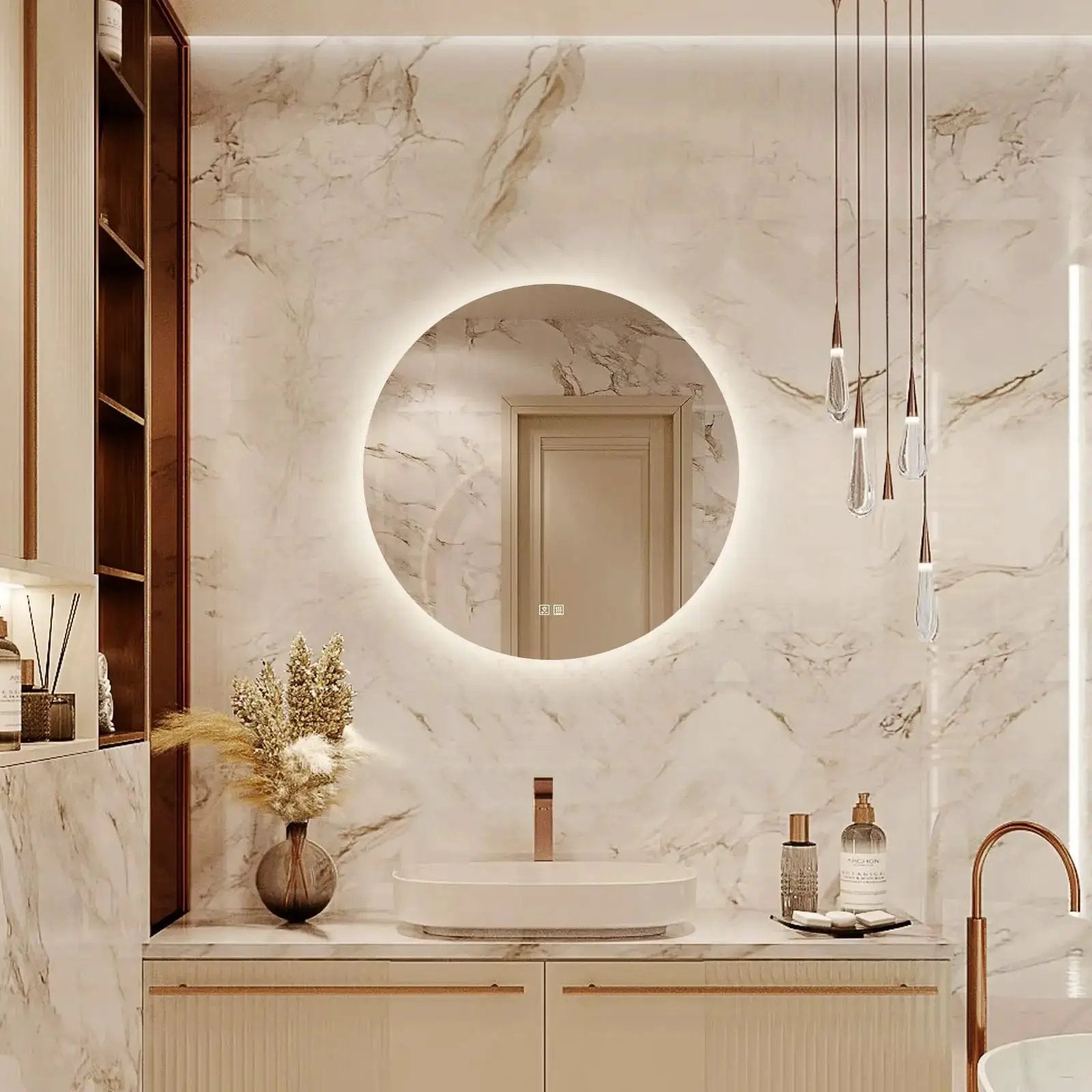 Round backlit LED bathroom vanity mirror with dimmable halo glow on marble wall