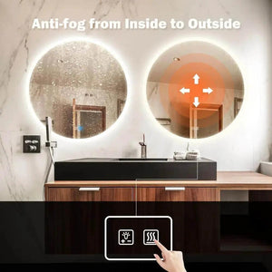 Two round backlit LED bathroom vanity mirrors with dimmable lights and anti-fog feature.