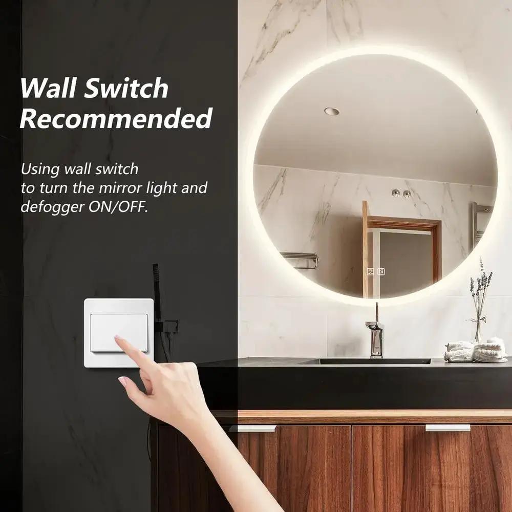 Round backlit LED bathroom vanity mirror by HAUSVITA with dimmable lights