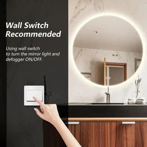 Round backlit LED bathroom vanity mirror by HAUSVITA with dimmable lights