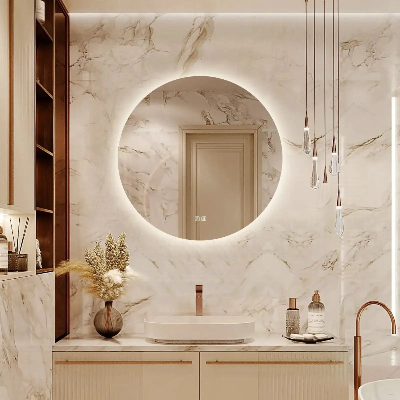 Round backlit LED bathroom vanity mirror with dimmable lights, mounted on a marble wall above a sink.