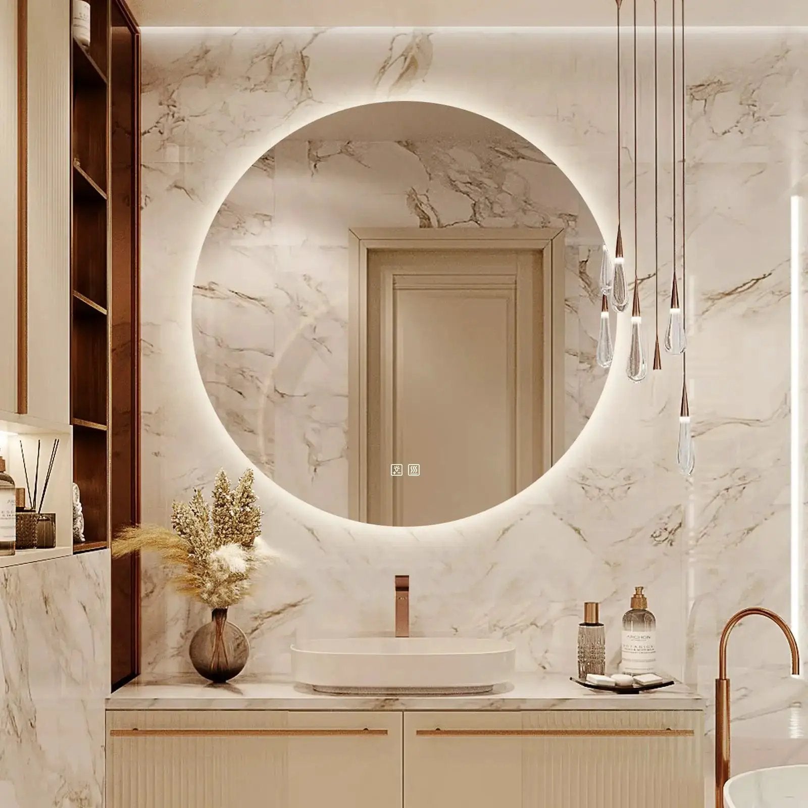 Round backlit LED bathroom vanity mirror with dimmable lights; marble walls and gold fixtures.