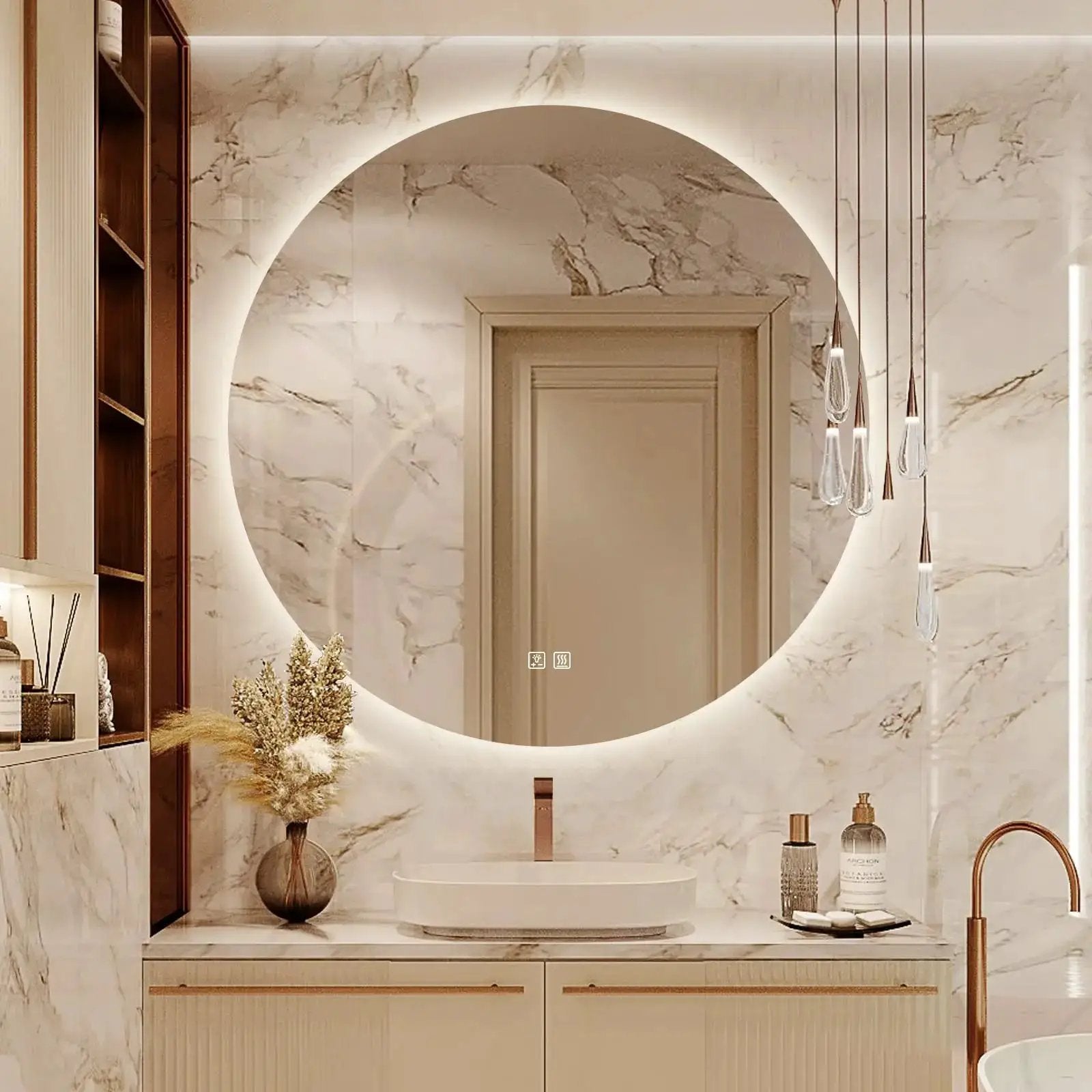 Round backlit LED HAUSVITA bathroom vanity mirror with dimmable lights in a marble bathroom.