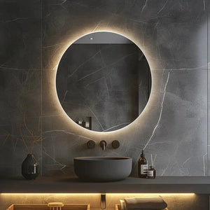 Round backlit LED bathroom vanity mirror by HAUSVITA with dimmable lights