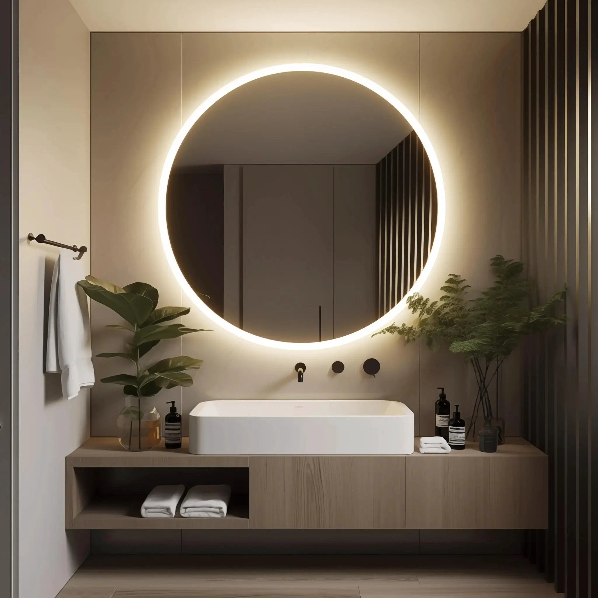 Round LED bathroom vanity mirror with dimmable backlit lights mounted above a wooden vanity.
