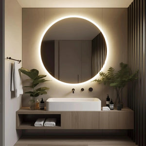 Round LED bathroom vanity mirror with dimmable backlit lights mounted above a wooden vanity.