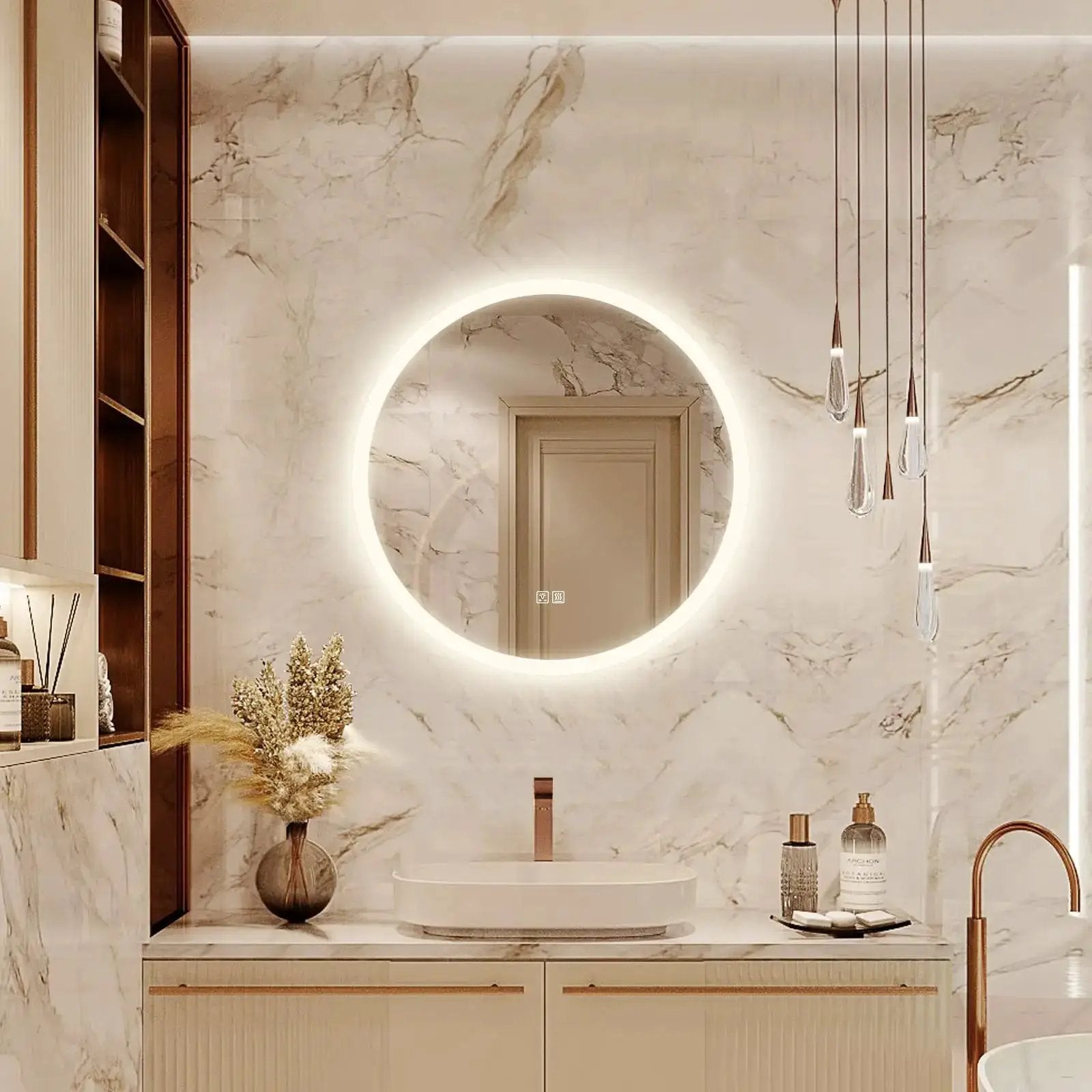 Round HAUSVITA LED bathroom vanity mirror with dimmable lights mounted on marble wall.