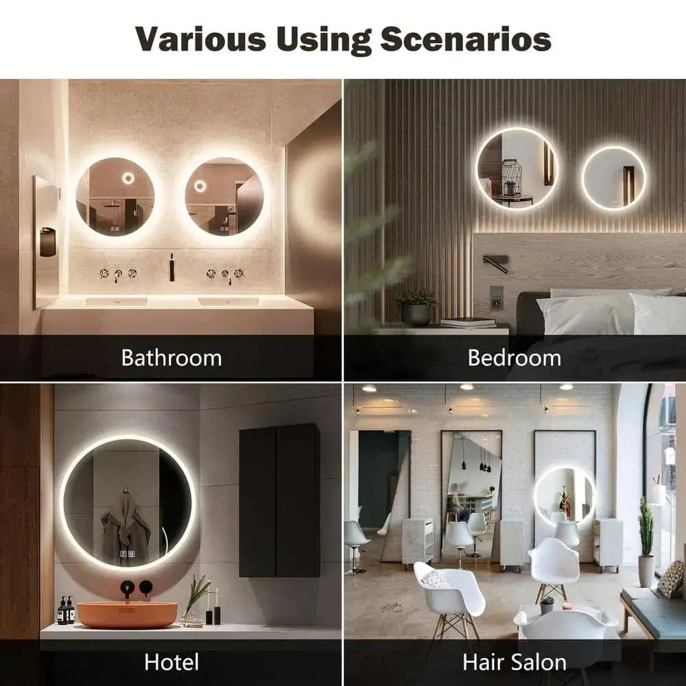 Round LED bathroom vanity mirror with dimmable lights; set of 4 shown in bathroom, bedroom, hotel, and hair salon.