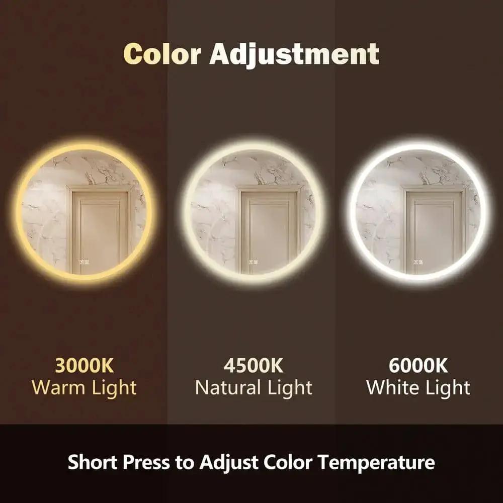 Round LED bathroom vanity mirror with dimmable lights and three color modes: 3000K warm, 4500K natural, 6000K white.