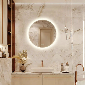 HAUSVITA Round LED Bathroom Vanity Mirror with Dimmable Lights mounted on marble wall