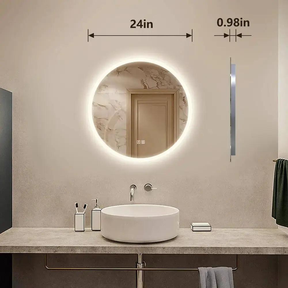 Round LED bathroom vanity mirror with dimmable lights, 24in diameter, wall-mounted above sink