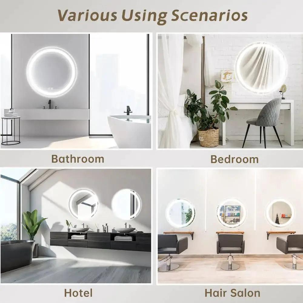 Round LED bathroom vanity mirror by HAUSVITA with dimmable lights