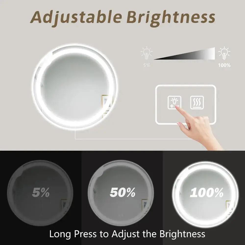 Round LED bathroom vanity mirror with dimmable ring light and adjustable brightness.