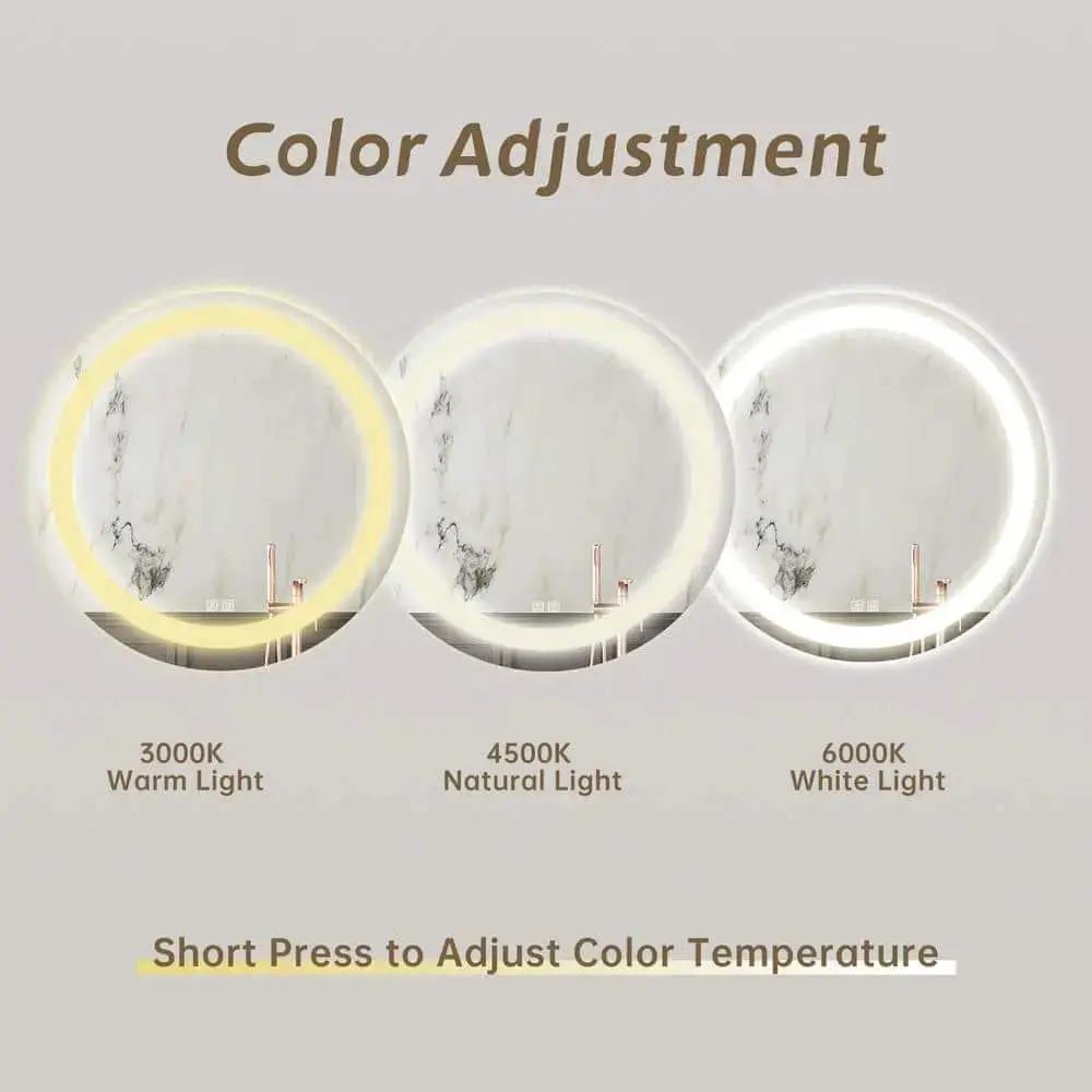 Round LED bathroom vanity mirrors by HAUSVITA; three with dimmable lights and warm, natural, white options.