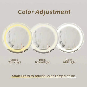 Round LED bathroom vanity mirrors by HAUSVITA; three with dimmable lights and warm, natural, white options.