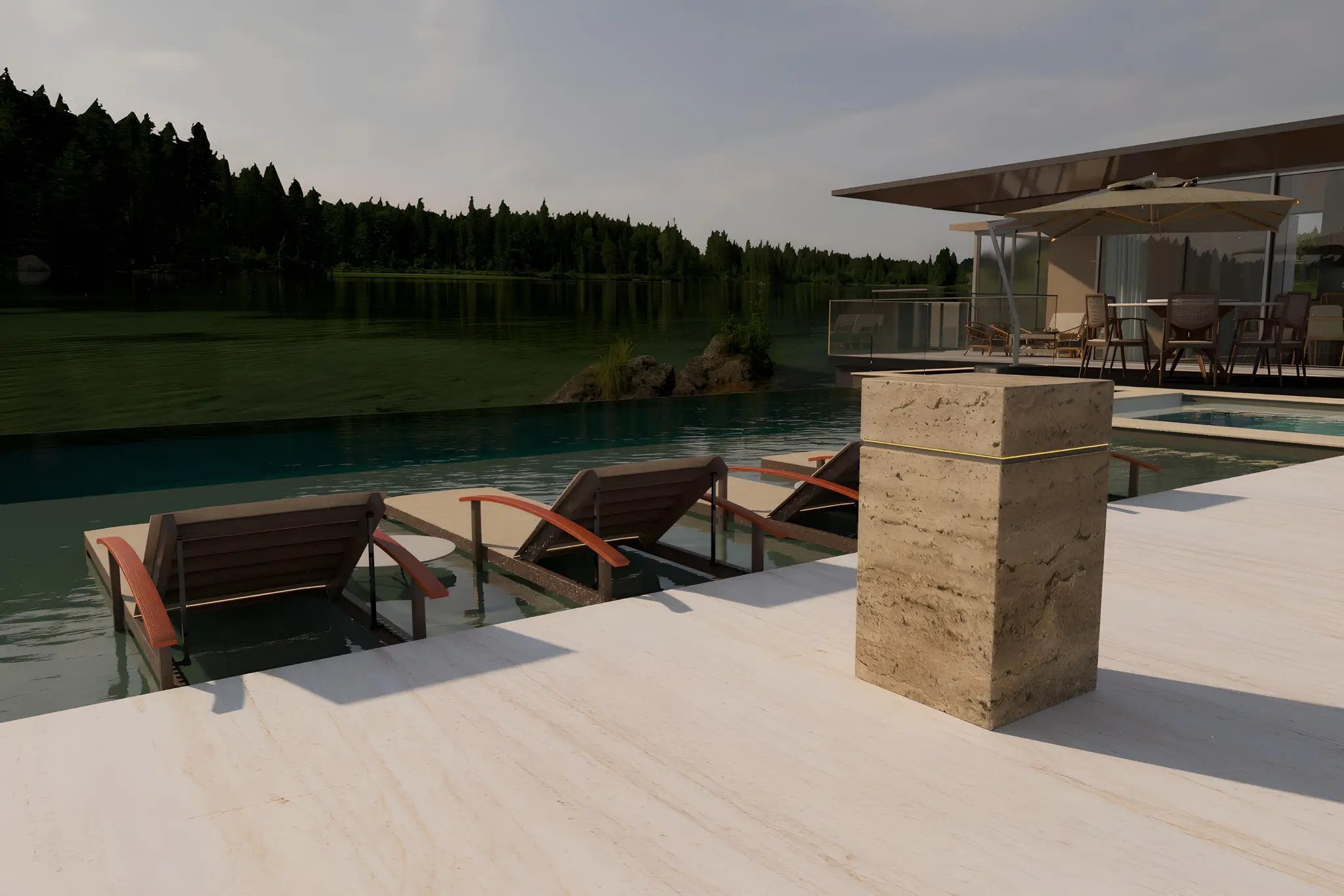  Luxury Travertine Marble Side Table with LED Illumination, outdoor freestanding.