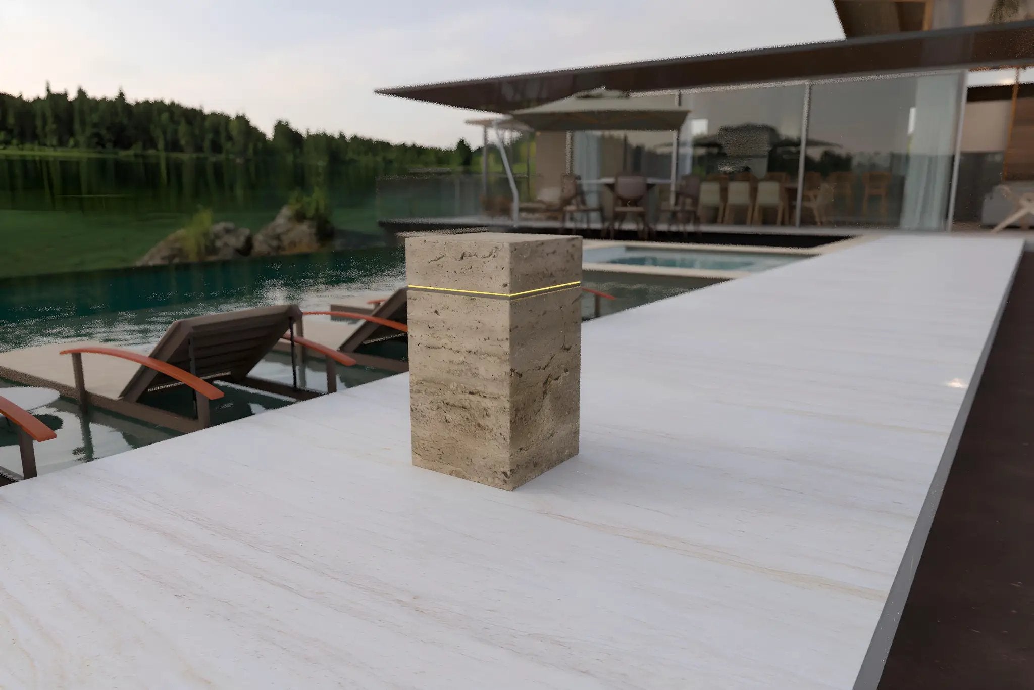 Beige travertine marble cube side table with LED glow; freestanding outdoor accent