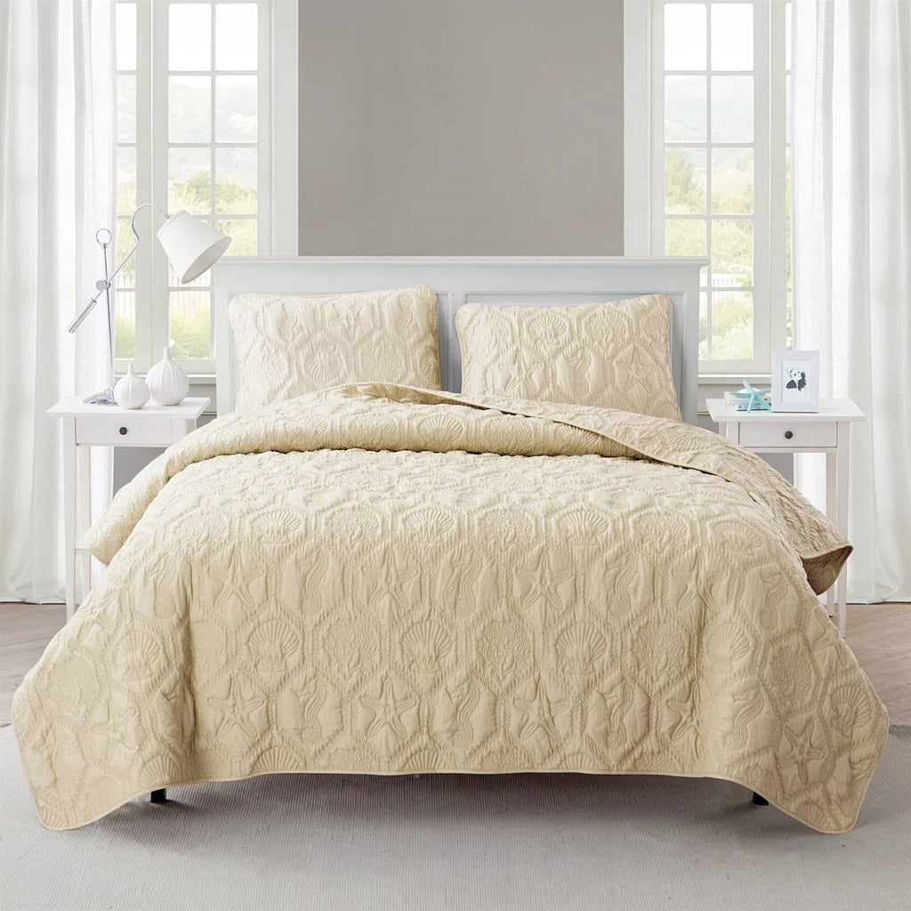 King size Coastal Beach Starfish Seashells Sea Horse Sand Tan 3-Piece Quilt Set