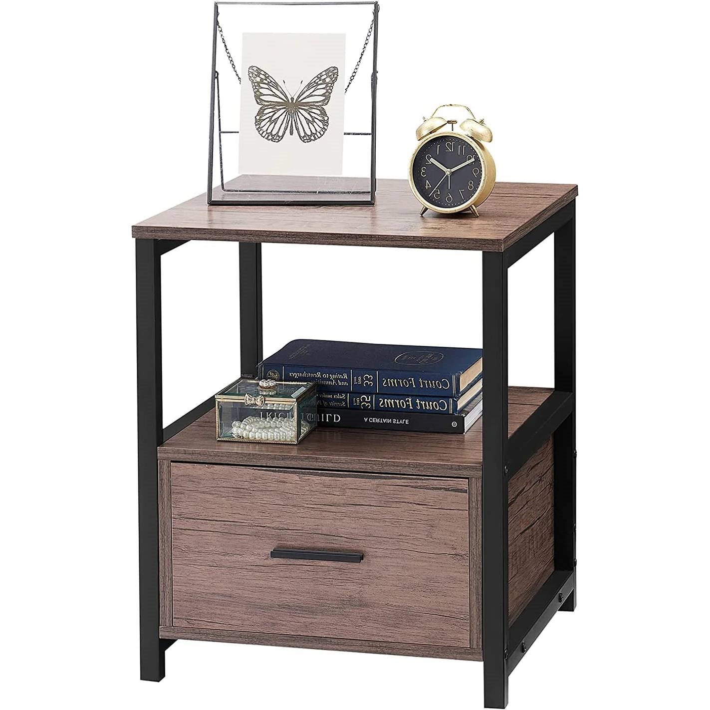 Set of 2 - Modern Metal Wood Side End Table Nightstand with Storage Drawer