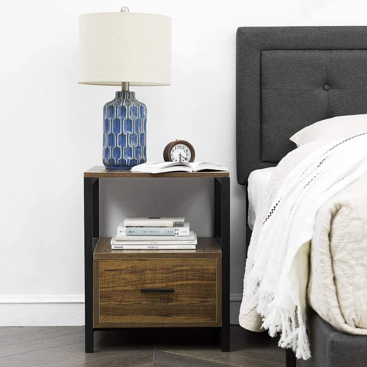 Set of 2 - Modern Metal Wood Side End Table Nightstand with Storage Drawer