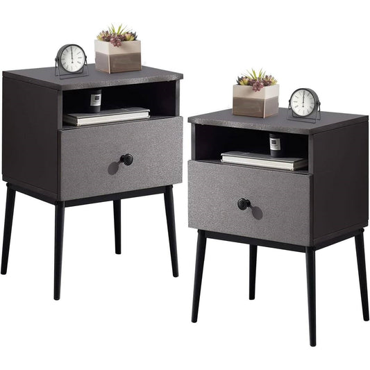 Set of 2 - Mid Century Modern Side Table Nightstand in Grey Black Wood Finish