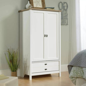 Farmhouse bedroom armoire in white wood finish with bottom storage drawers
